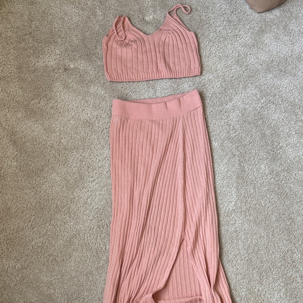 Chic Pink Ribbed Pencil Skirt Set